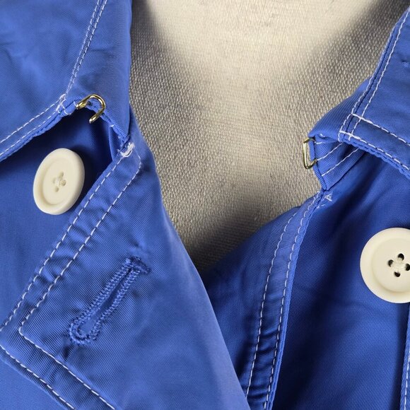 J Crew Size 4 Light Blue Trench Coat White Stitching Double Breasted Nylon Shell - Picture 5 of 16